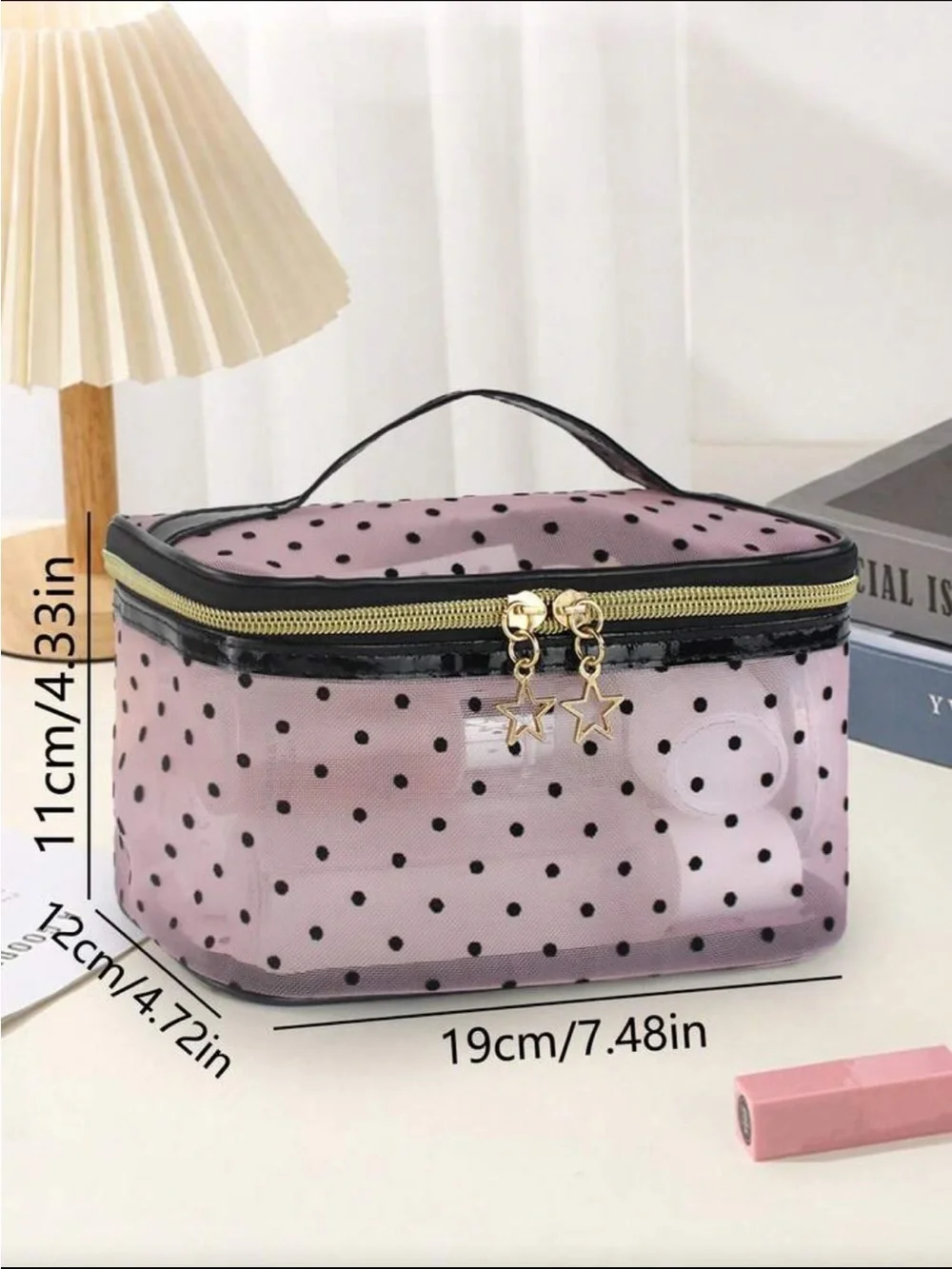 Pink Polka Dot Clear Cosmetic Bag with Star Zipper Pulls
